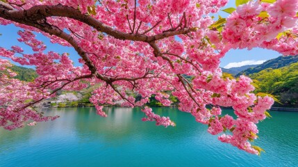 Picturesque cherry blossom tree reflecting over tranquil lake with mountains in the background during a sunny day