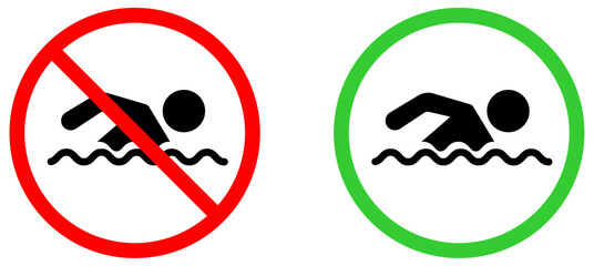 Swimming allowed and no swimming signs vector illustration with red and green circle icons showing safety rule and prohibition symbol. Swimming zone approval and ban icon. Vector illustration 