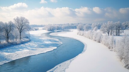 Serene Winter Landscape with Curving River and Snow-Covered Trees