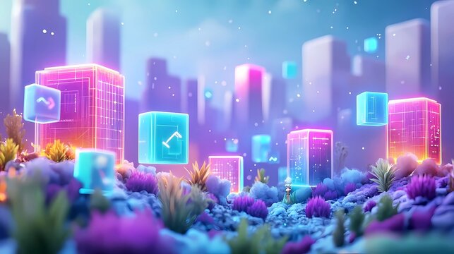 A whimsical 3D illustration celebrating World Backup Day, featuring a magical digital world with floating data cubes, glowing backup icons, and a futuristic landscape - Powered by Adobe