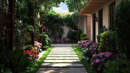 Naklejka premium Serene garden pathway adorned with vibrant flowers and lush greenery, leading to a cozy home