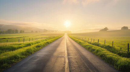 Fototapeta premium serene landscape featuring long, empty road stretching into horizon, surrounded by lush green fields and bathed in warm sunlight. scene evokes sense of peace and tranquility
