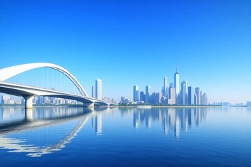 Obraz premium Panoramic view city skyline across body of water white bridge skyscrapers