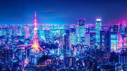 Obraz premium Vibrant Night Cityscape of Tokyo with Iconic Tower and Neon Lights