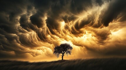 Dramatic storm clouds over lone tree