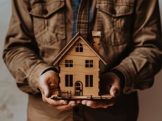 Professional real estate agent showcasing wooden house model in confident pose.