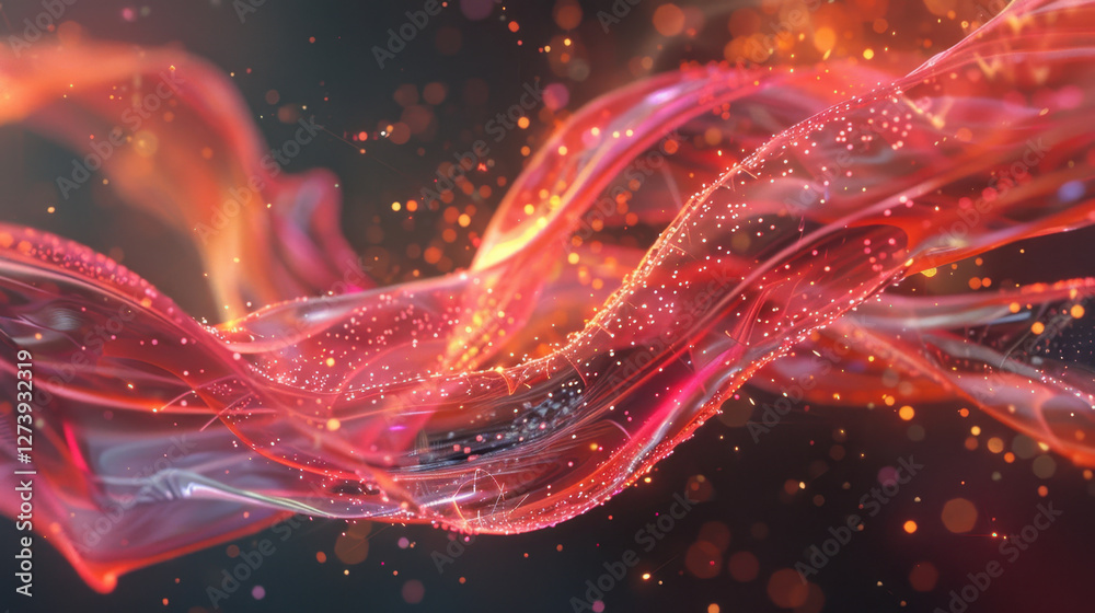 Poster flowing abstract waves with glowing particles create vibrant visual effect. interplay of light and c