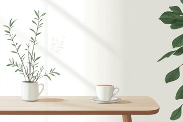 A serene and minimalistic setting featuring a white table with a potted plant and a coffee cup, symbolizing relaxation and tranquility in everyday life.