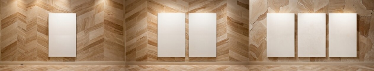 Blank Canvases on Herringbone Marble Wall – A Triptych Balancing Geometry, Texture, and Minimalist Composition