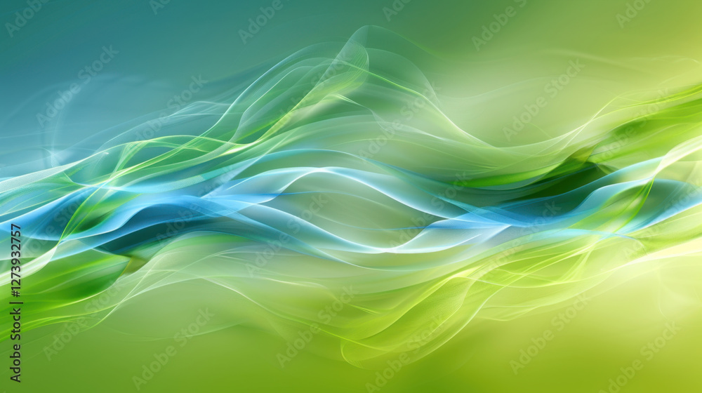 Wall mural Abstract flowing waves in blue and green colors create serene atmosphere, evoking sense of calm and tranquility in modern design