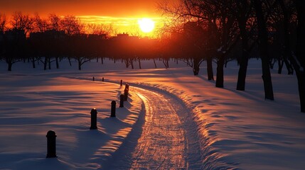 Serene sunset over a snowy landscape with a winding path and silhouetted trees