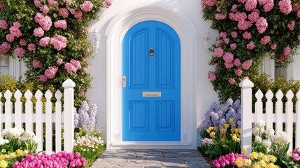 Bright blue door adorned with flowers and surrounded by a white picket fence in a vibrant garden setting