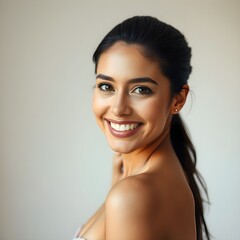 Se ve a una mujer hispana con un rostro hermoso parada sola, sonriéndote con hermosos ojos y un fondo limpio.