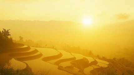 Fototapeta premium Golden Sunrise Over Serene Rice Terraces in Misty Landscape