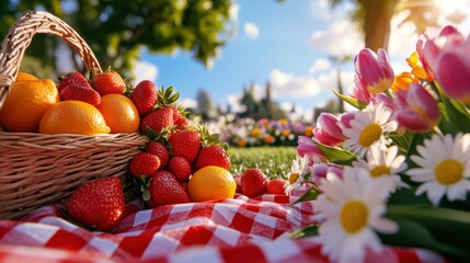 Vibrant picnic setting with a basket of fresh fruits and colorful flowers in a sunny park during springtime