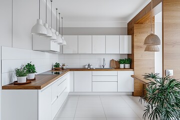 Fototapeta premium A bright, modern kitchen featuring sleek white cabinets, a warm wooden countertop, and decorative plants, creating a stylish and functional culinary space for cooking.