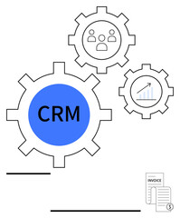 Blue CRM gear connected to user profiles, analytics, and invoices. Ideal for business management, workflow optimization, automation, customer retention, sales growth, and technology adoption