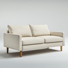 Fototapeta premium A modern loveseat with light upholstery and wooden legs, providing a comfortable and stylish seating option for living rooms and contemporary spaces.