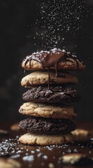 stacked cookies with different textures, some chocolate-dipped, others sprinkled with sea salt, creating an enticing visual effect.