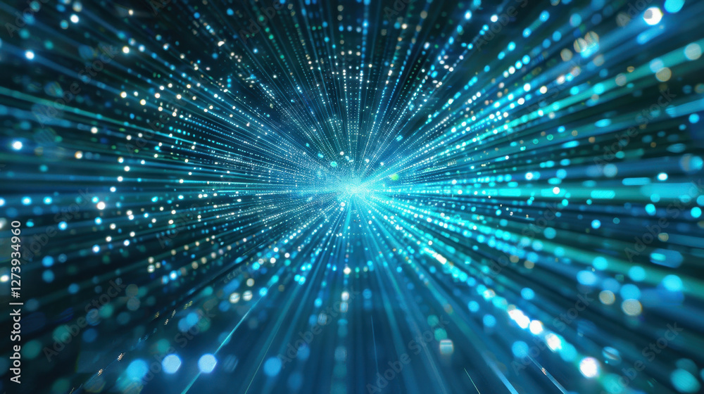 Poster abstract digital background with glowing blue particles and light rays creating sense of depth and m