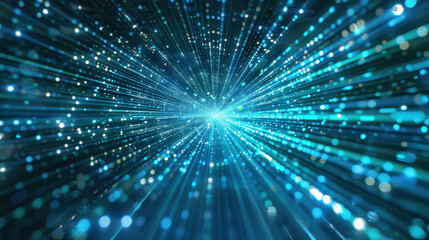 Abstract digital background with glowing blue particles and light rays creating sense of depth and motion, evoking futuristic atmosphere