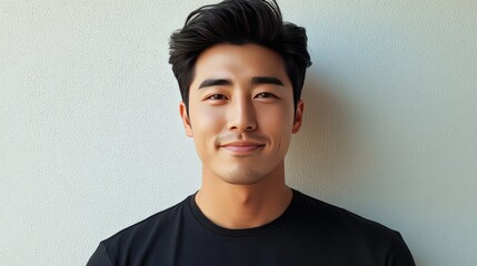 Fototapeta premium A young man with dark hair smiles softly against a wall
