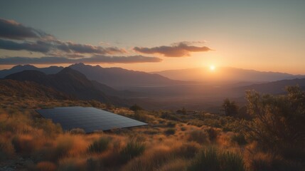 Obraz premium Solar panels at sunset over mountains in a remote desert landscape