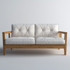 A stylish two-seater sofa with white cushions and a light wooden frame, perfect for a modern living space, showcasing clean lines and minimalist design aesthetic, studio shot.