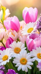 Fototapeta premium Colorful display of spring flowers blooming in a vibrant garden during sunset