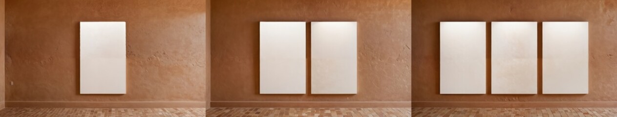 Obraz premium A minimalist room features a row of rectangular white panels on a beige wall, with a light-colored floor and a minimalist design, creating a sense of balance and symmetry