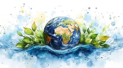 Green Planet Earth day watercolor illustration.