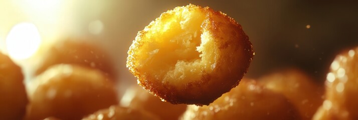 freshly fried donuts, their golden exteriors shining under the light, with one donut cut in half to show the fluffy, airy interior