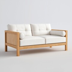 Fototapeta premium A stylish two-seater sofa with a light wooden frame and white fabric upholstery, showcasing a modern minimalist design for contemporary living spaces.