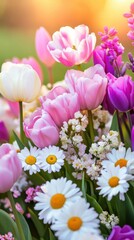 Obraz premium Colorful display of spring flowers blooming in a vibrant garden during sunset