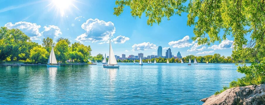 Lake Harriet in Minneapolis, with sailboats on the water and the city skyline in the distance