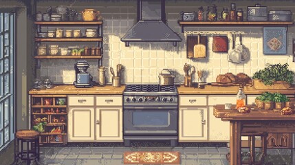 Cozy pixel art kitchen illustration