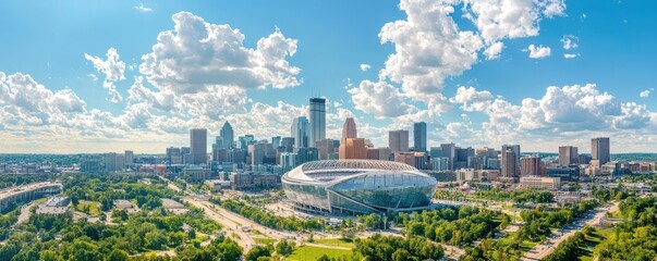 Obraz premium Minneapolis aerial featuring the US Bank Stadium and its sleek modern architecture with the city skyline as a backdrop