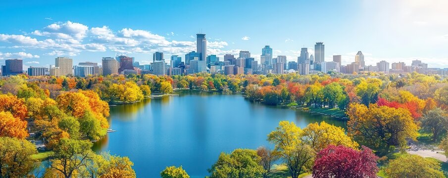 Minneapolis aerial with a panoramic view of Lake Calhoun Bde Maka Ska surrounded by the city's skyline