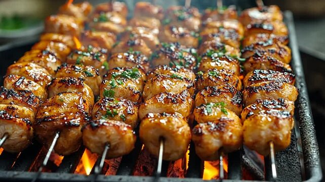 Grilled Delights: A close-up shot of several rows of succulent, golden-brown grilled kebabs, sizzling over hot coals, showcasing the delicious texture and flavors.