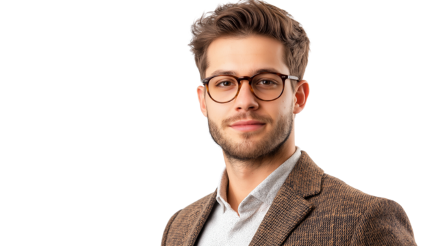 Portrait of a young male professor wearing glasses, tweed blazer, and a smart casual outfit, confident and inspiring expression, transparent background - Powered by Adobe