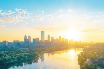 Fototapeta premium Minneapolis aerial at sunrise, showcasing the city skyline with golden sunlight reflecting on skyscraper windows and the Mississippi River in the foreground