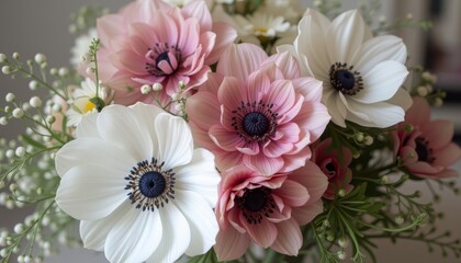  Elegant floral arrangement featuring soft pink and white anemones creating a romantic and inviting atmosphere