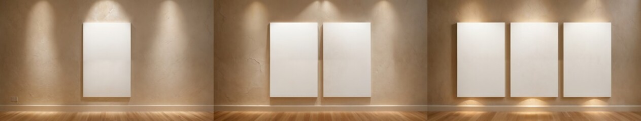 A minimalist, empty room with a wooden floor and four white, rectangular panels on the left wall, illuminated by three evenly spaced, warm-toned ceiling lights, exudes a sense of calm and tranquility