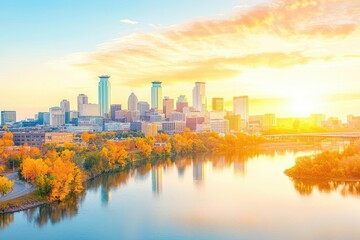 Obraz premium Minneapolis aerial at sunrise, showcasing the city skyline with golden sunlight reflecting on skyscraper windows and the Mississippi River in the foreground