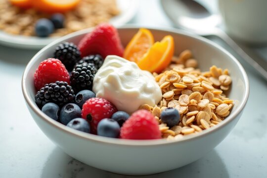Colorful healthy breakfast bowl with fresh fruits, yogurt, and granola served on a table