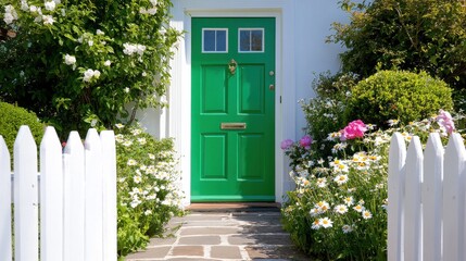 Beautiful green door surrounded by blooming flowers and white fence in a serene garden setting
