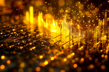 Naklejka premium A digital financial chart showing gold market trends, seamlessly overlaid on a shimmering gold bar background, symbolizing smart investment strategies