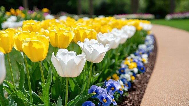 Colorful tulips and pansies line a garden path in springtime, showcasing vibrant flowers in full bloom - Powered by Adobe