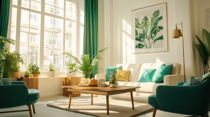 Fototapeta premium Sunny living room, plants, teal accents, city view