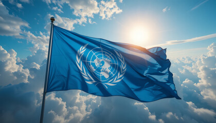 United Nations flag billowing in the wind with vibrant clouds and glowing blue sky, radiating peace and unity